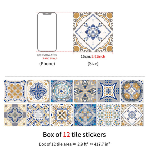 Blue and Grey Vintage Art Tile Stickers Wallpapers 12 Pcs Furniture Renovation