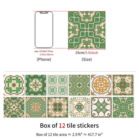 Green Vintage Art Tile Stickers Wallpapers 12 Pcs Rustic Furniture Renovation