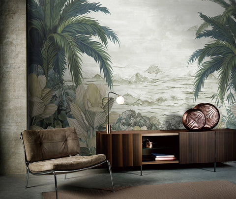 Tranquil Forest: waves and natural elements combined with forest wallpaper ”