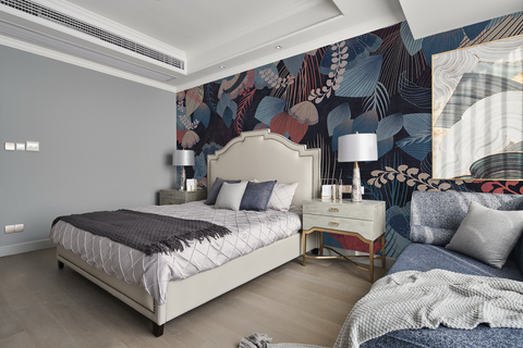 Bedroom panorama with dark floral wallpaper