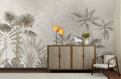 Plain Scandinavian style tropical leaves forest wallpaper