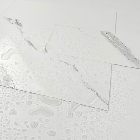Kitchen Peel and Stick Tiles, Bathroom Shower Wall Tile Stickers Imitation White Marble, White Tile with Gray Texture 4x12 Inch x 0.07 Inch Thickness