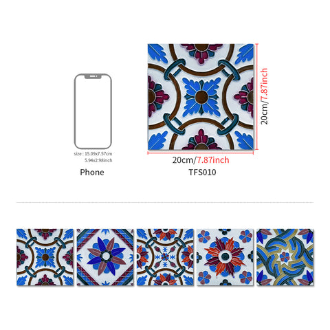 Blue Floral Wallpaper Thickened Frosted Tile Stickers 5 PCS