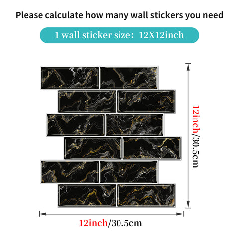 Black Gold Imitation Glue Shaped Marble Wall Tiles 12Pcs Stickers